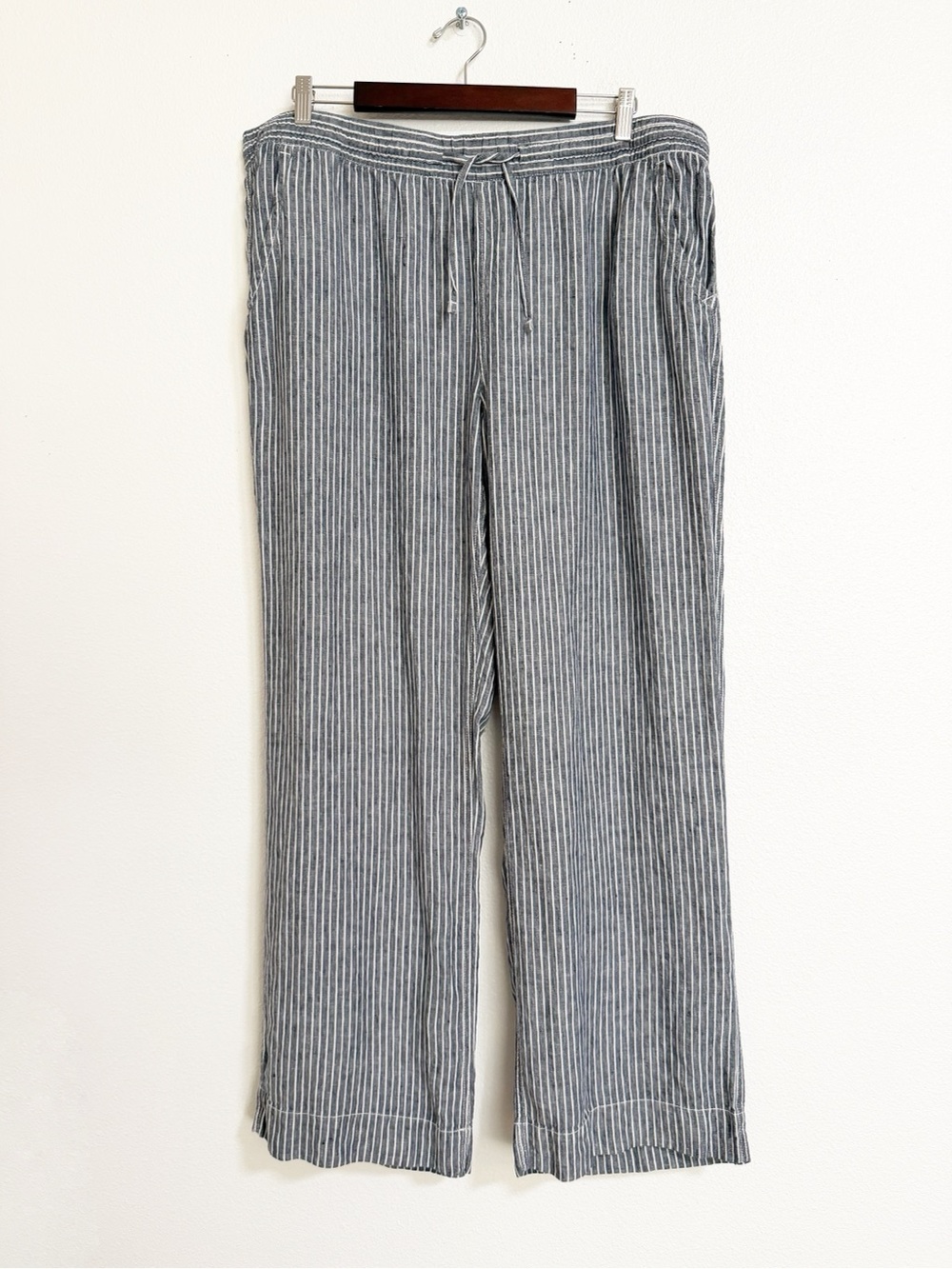 LL Bean Drawstring Linen Striped Wide Leg Pants